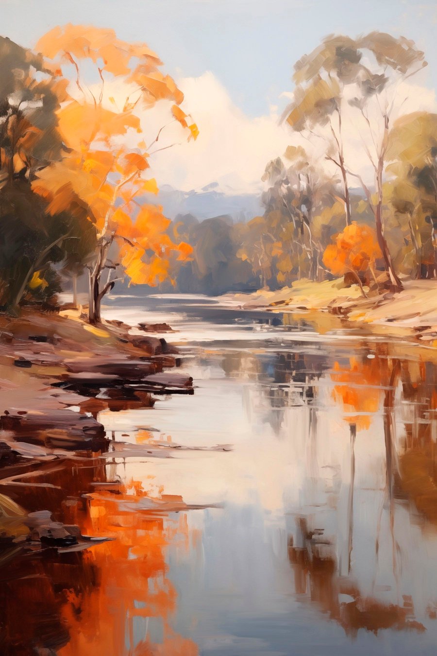 Herfstlandschap, rivier met bomen aan de oever, bos op de achtergrond, weerspiegelingen op het water — volledig ontwerp