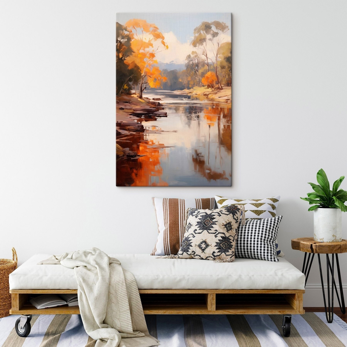 Herfstlandschap, rivier met bomen aan de oever, bos op de achtergrond, weerspiegelingen op het water — interieur 2