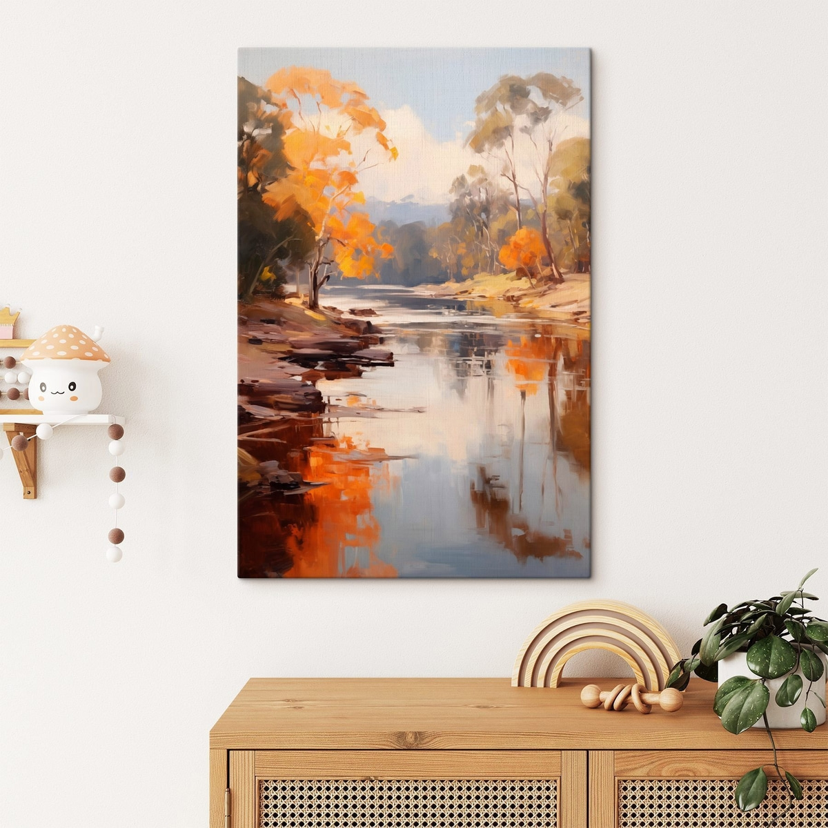 Herfstlandschap, rivier met bomen aan de oever, bos op de achtergrond, weerspiegelingen op het water — interieur 1
