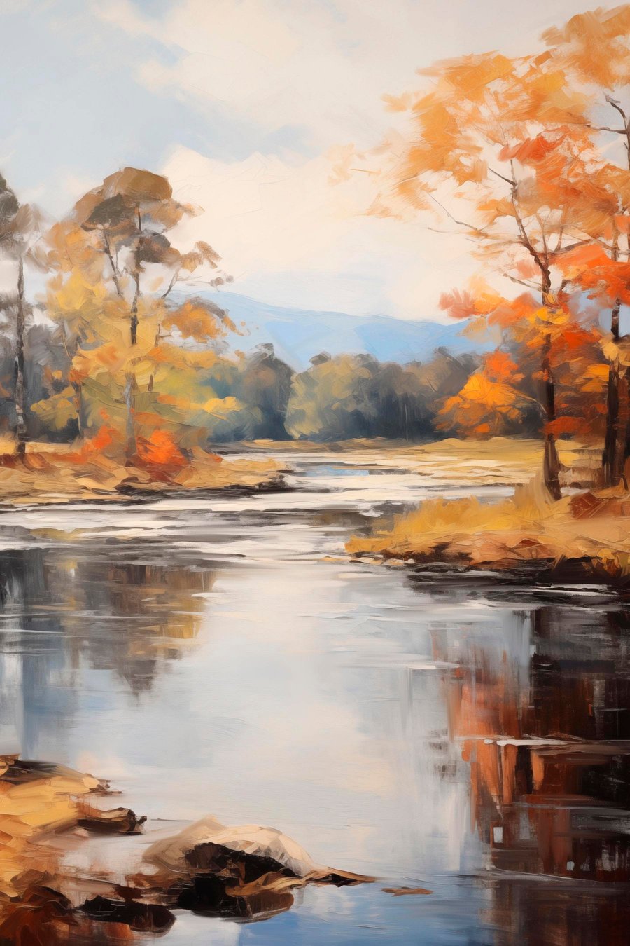 Landschap met een rivier die door een bos stroomt in de herfst, gele en oranje bomen, schilderstijl — volledig ontwerp