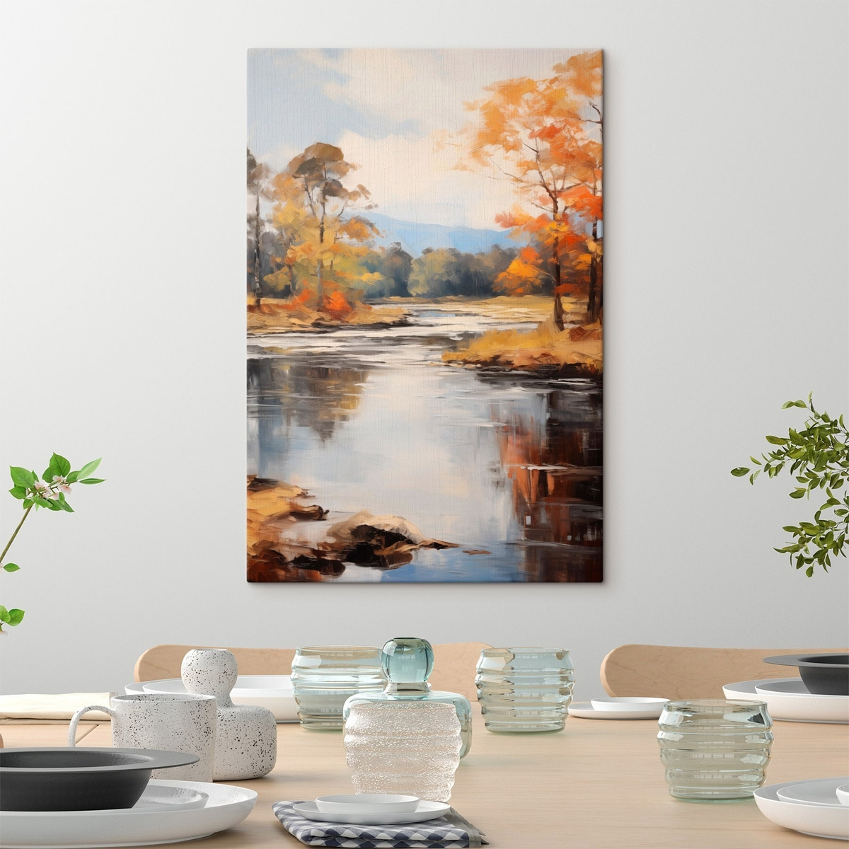 Landschap met een rivier die door een bos stroomt in de herfst, gele en oranje bomen, schilderstijl — interieur 1