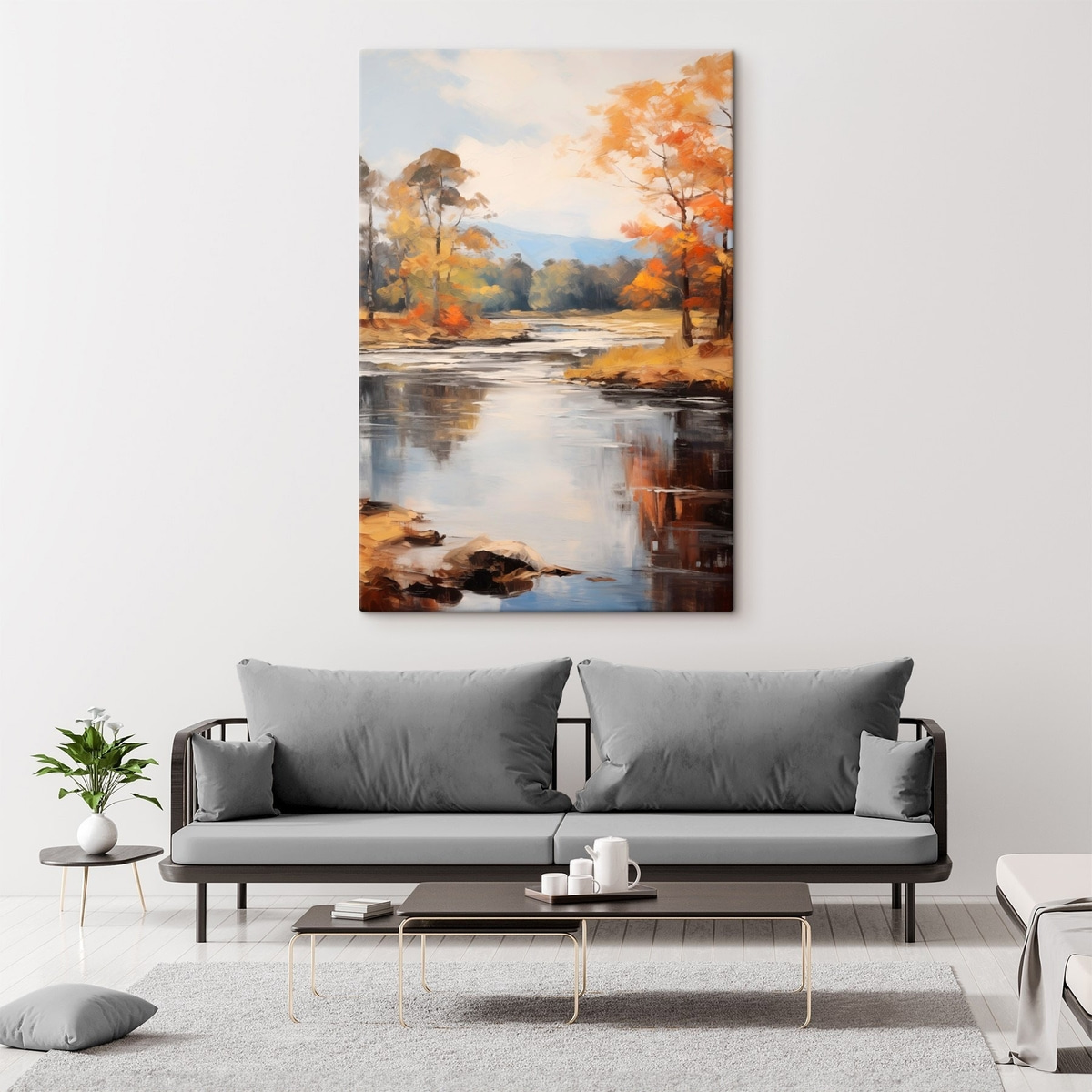 Landschap met een rivier die door een bos stroomt in de herfst, gele en oranje bomen, schilderstijl — interieur 2