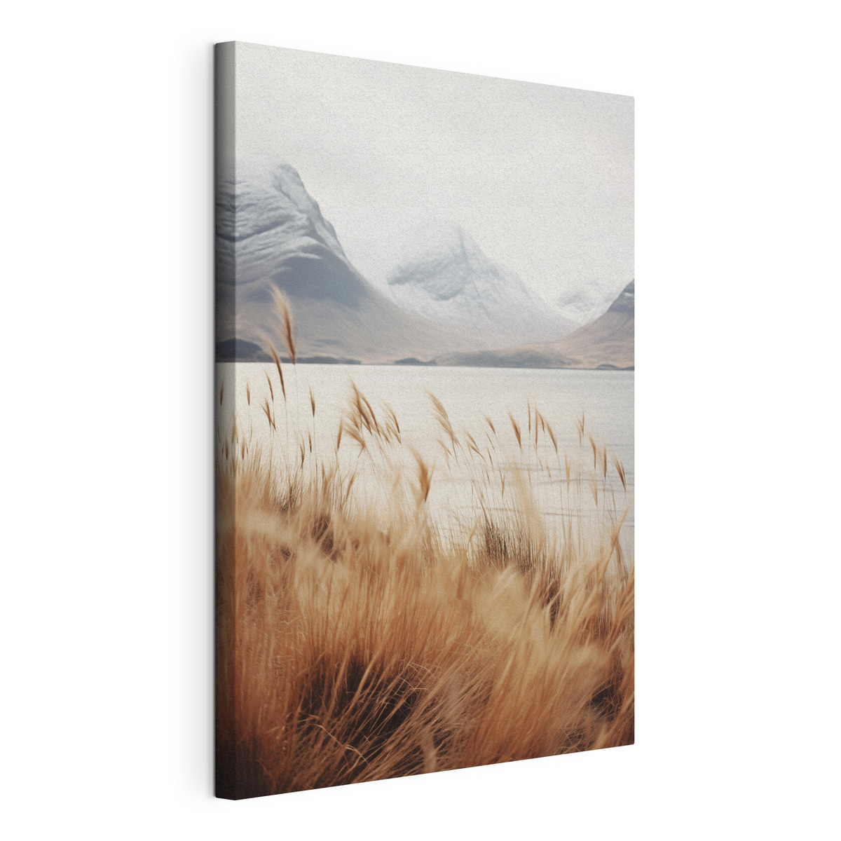 Pampasgrasveld voor een meerlandschap met besneeuwde bergen op de achtergrond, zacht licht, gespannen canvas met doorlopende rand