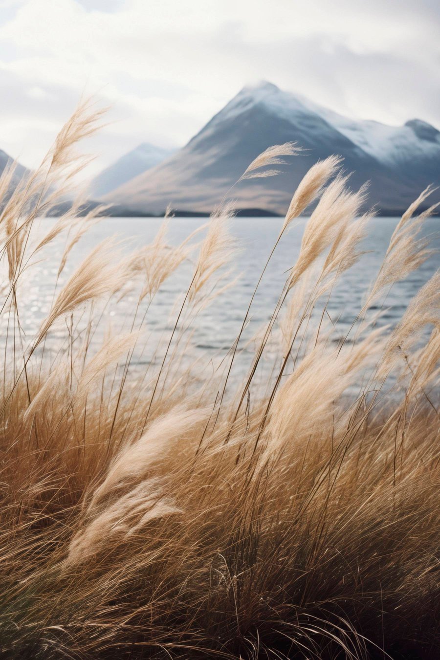 Pampagras met een meer en bergen op de achtergrond, zachte belichting, gedempte kleuren, naturalistische stijl — volledig ontwerp