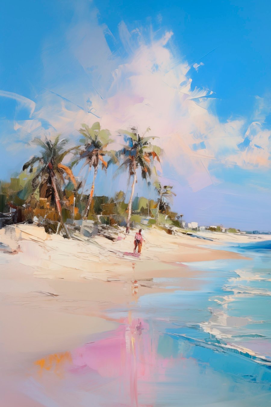 Abstract landschap, een strand met palmbomen, heldere zonnige dag met een blauwe lucht en enkele wolken — volledig ontwerp