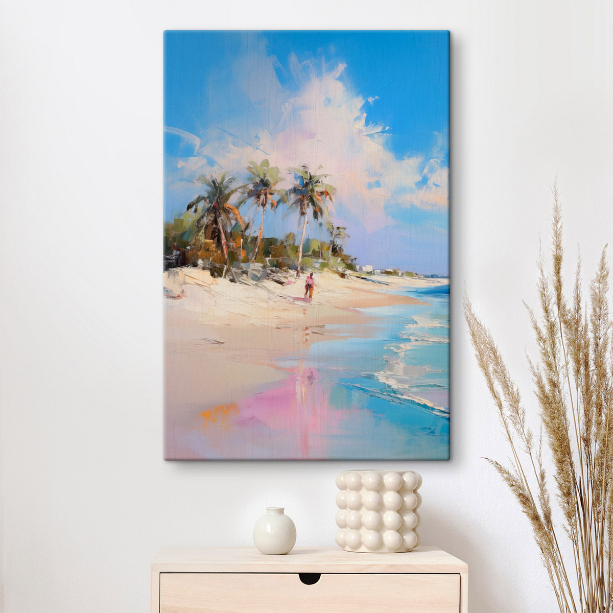 Abstract landschap, een strand met palmbomen, heldere zonnige dag met een blauwe lucht en enkele wolken — interieur 1