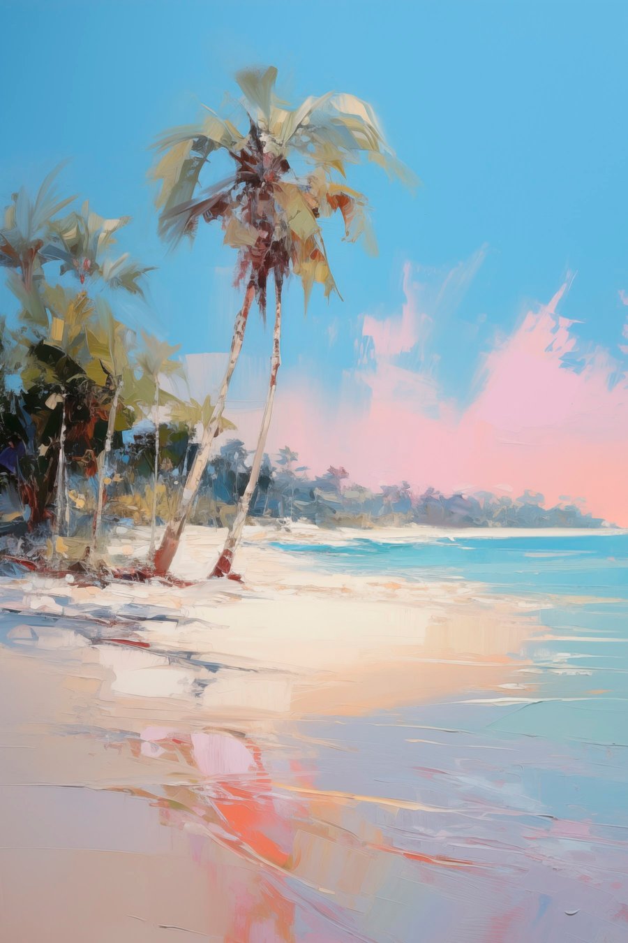 Abstract tropisch strand met wit zand en palmbomen, blauwe lucht met witte wolken — volledig ontwerp