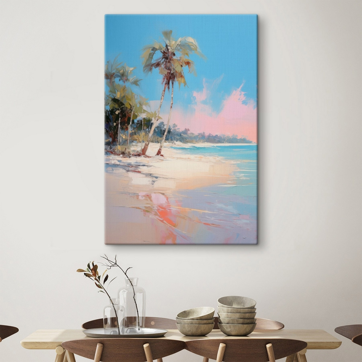 Abstract tropisch strand met wit zand en palmbomen, blauwe lucht met witte wolken — interieur 2