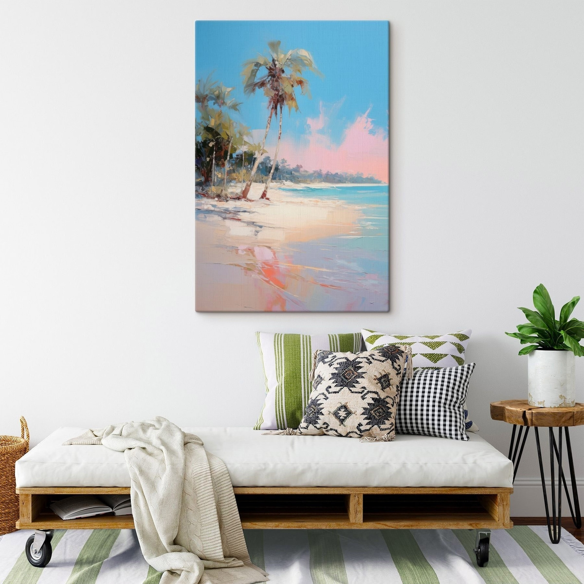 Abstract tropisch strand met wit zand en palmbomen, blauwe lucht met witte wolken — interieur 1