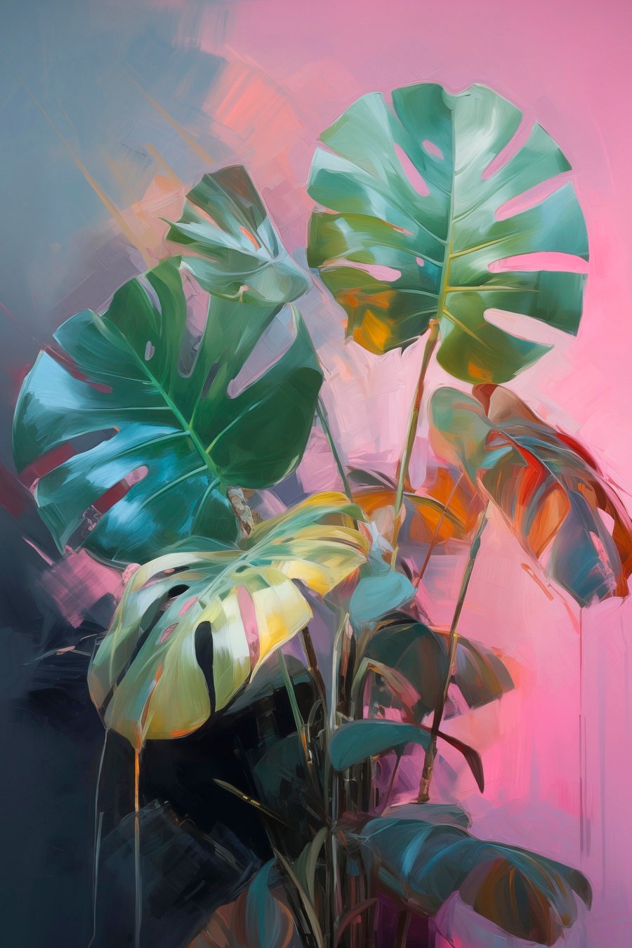 Abstracte monstera-plant met levendig groene bladeren, tegen een achtergrond van zachte roze en paarse tinten — volledig ontwerp
