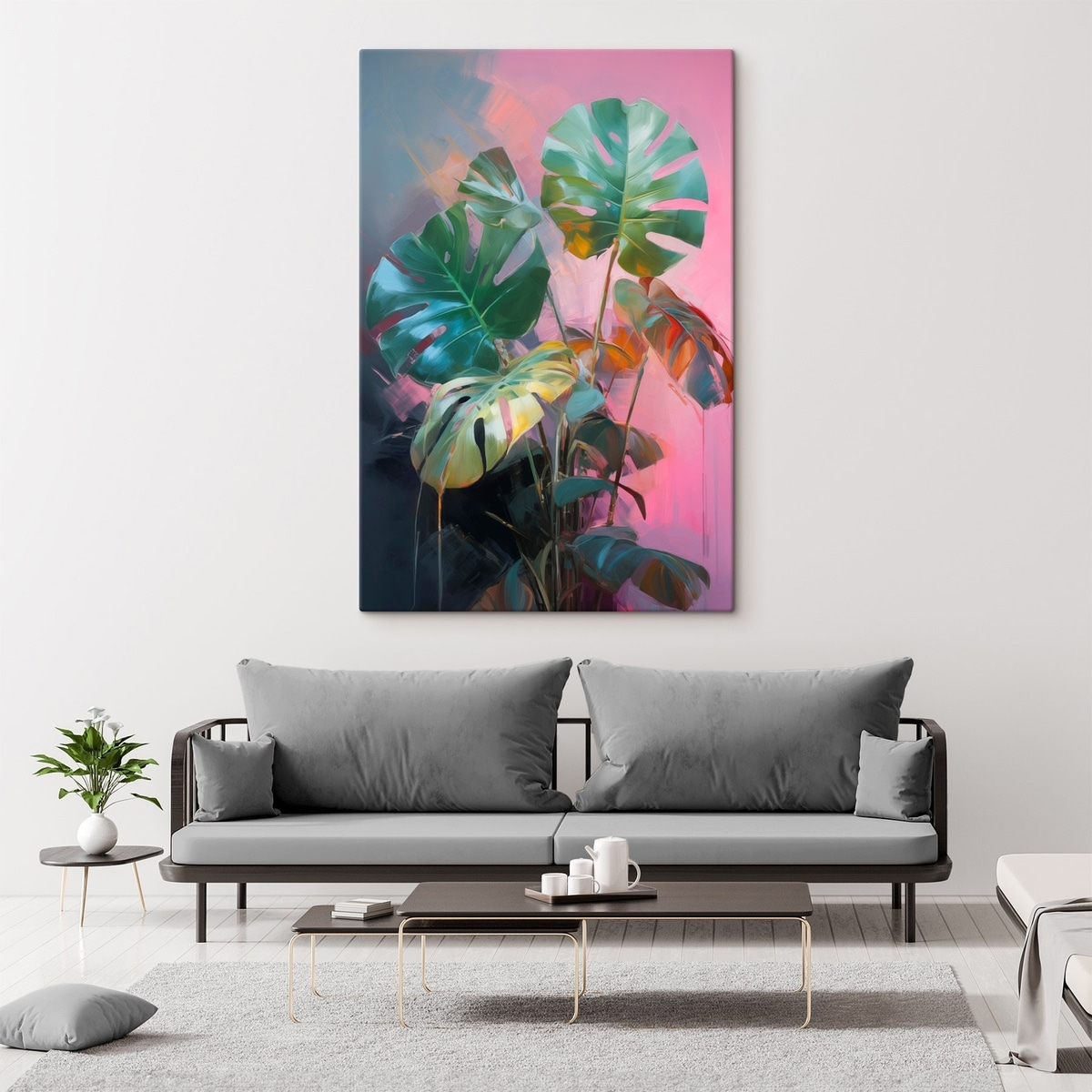 Abstracte monstera-plant met levendig groene bladeren, tegen een achtergrond van zachte roze en paarse tinten — interieur 1