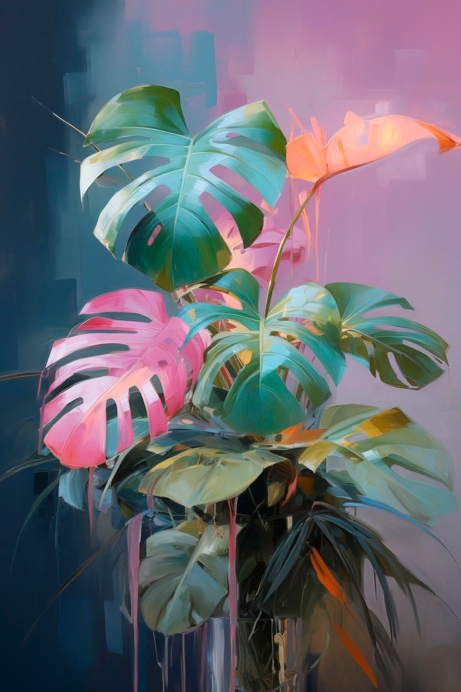 Abstracte monstera-plant met roze en groene bladeren, levendige kleuren, tegen een wazige achtergrond — volledig ontwerp