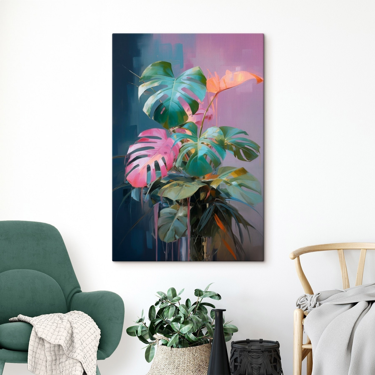 Abstracte monstera-plant met roze en groene bladeren, levendige kleuren, tegen een wazige achtergrond — interieur 1