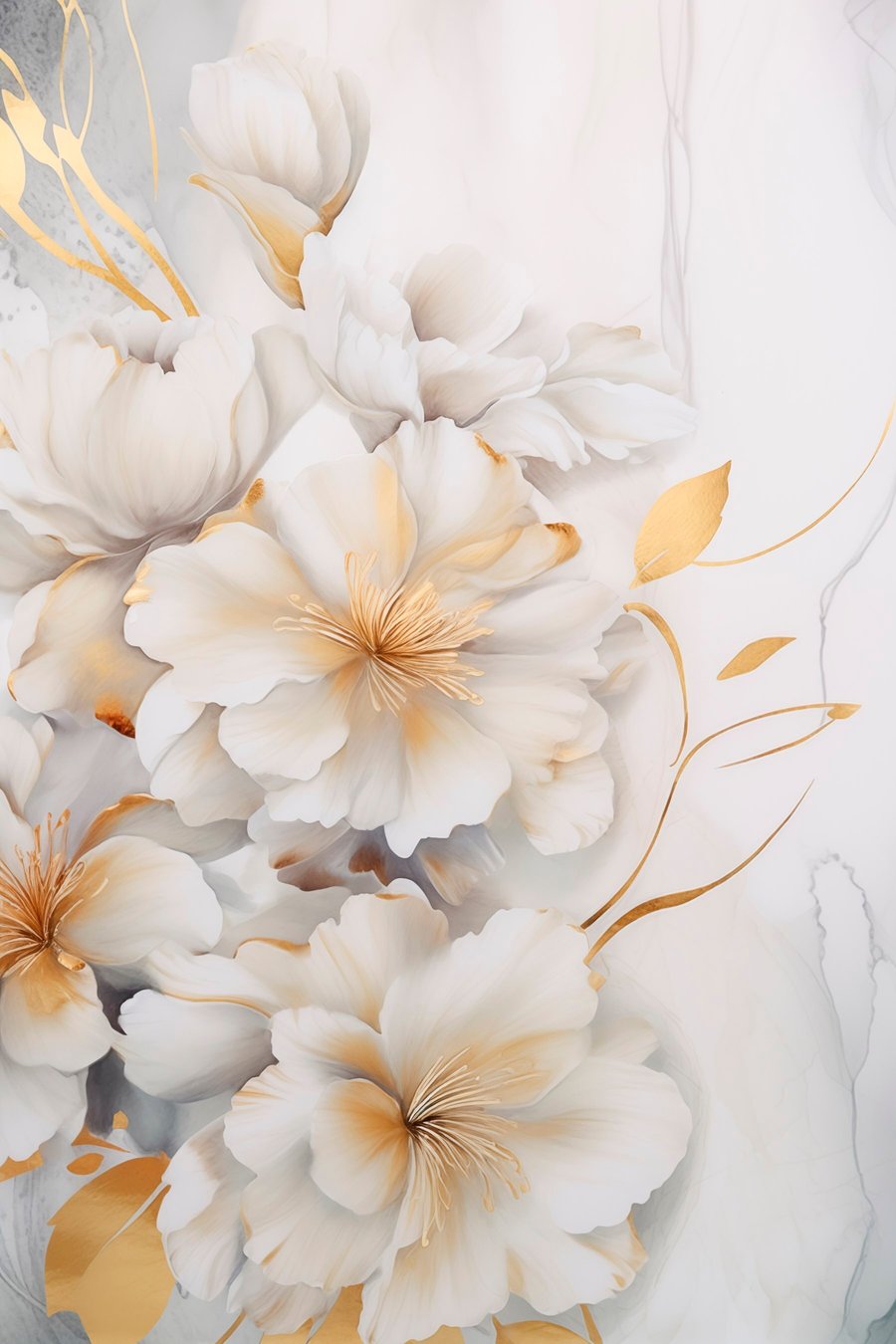 Witte bloemen met gele details, bloemblaadjes met subtiele schaduwen, lichte achtergrond met subtiel marmereffect — volledig ontwerp
