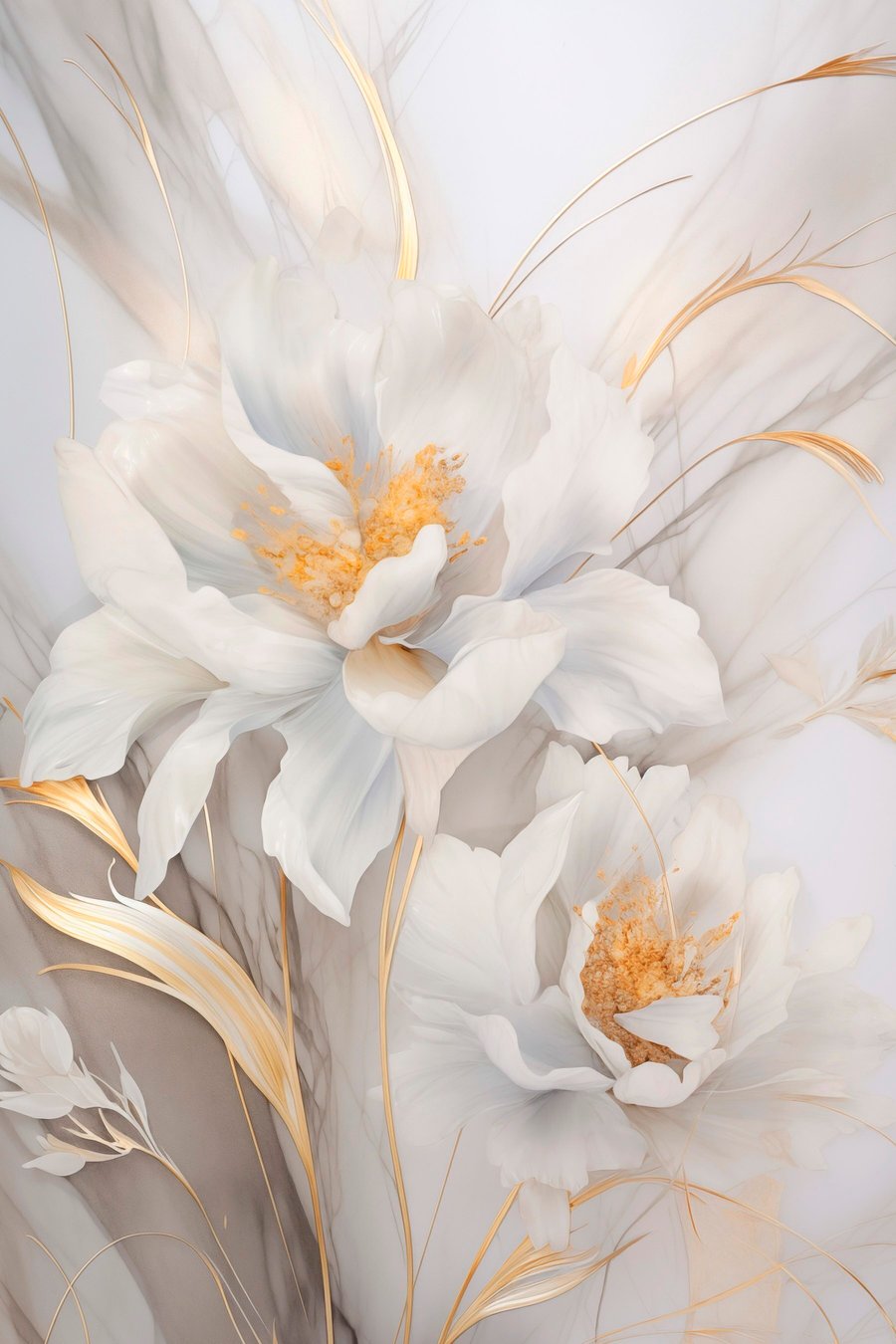Witte bloemen met gele stampers en stelen, delicate bloemblaadjes, elegante compositie, neutrale achtergrond — volledig ontwerp