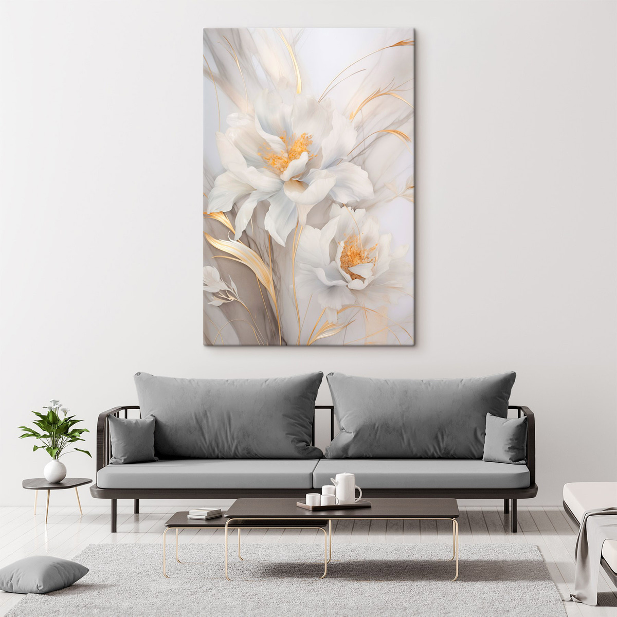 Witte bloemen met gele stampers en stelen, delicate bloemblaadjes, elegante compositie, neutrale achtergrond — interieur 2