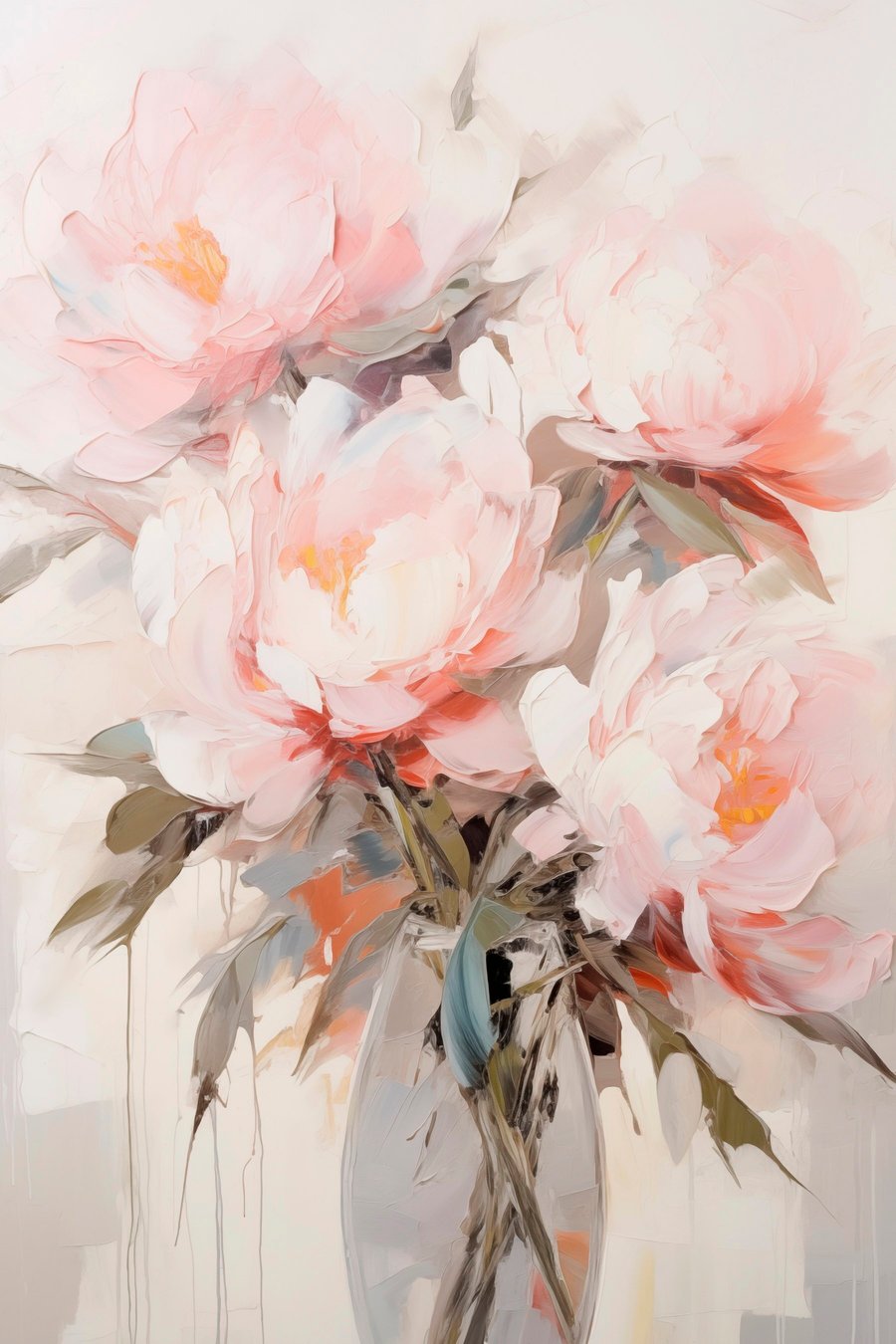 Een boeket roze en witte pioenrozen in een glazen vaas, zachte penseelstreken, pastelkleuren, neutrale achtergrond — volledig ontwerp