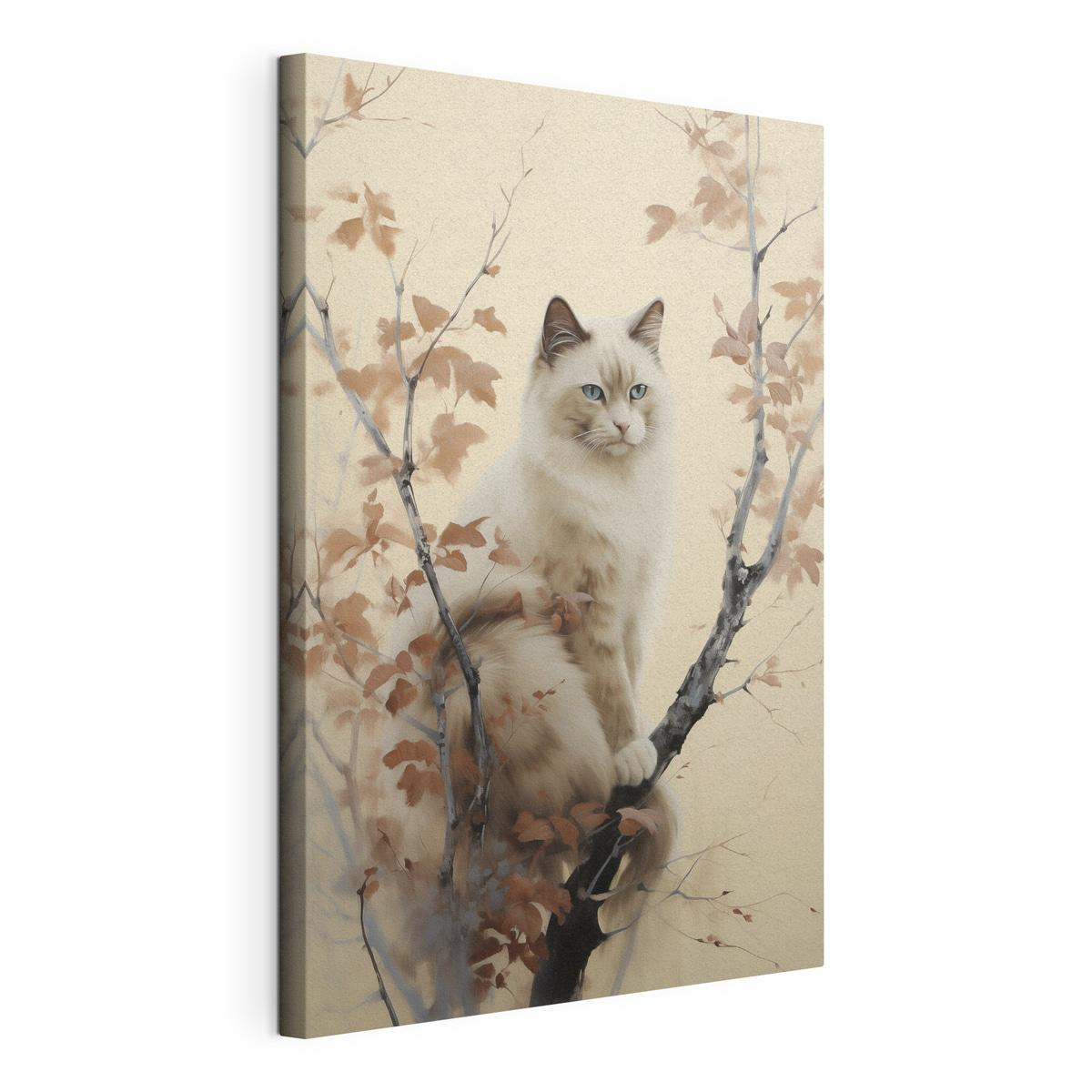 De kat zit op een boom, gespannen canvas met doorlopende rand