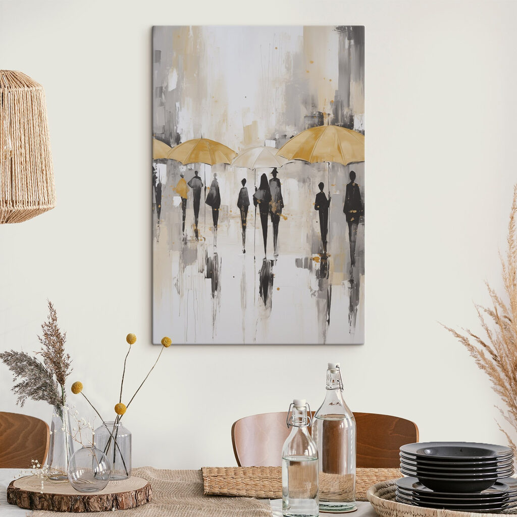Gele paraplu's boven wandelaars — interieur 2