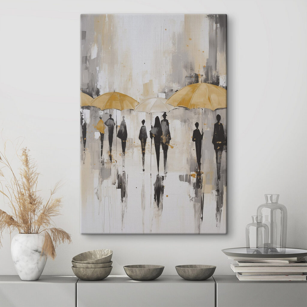 Gele paraplu's boven wandelaars — interieur 1