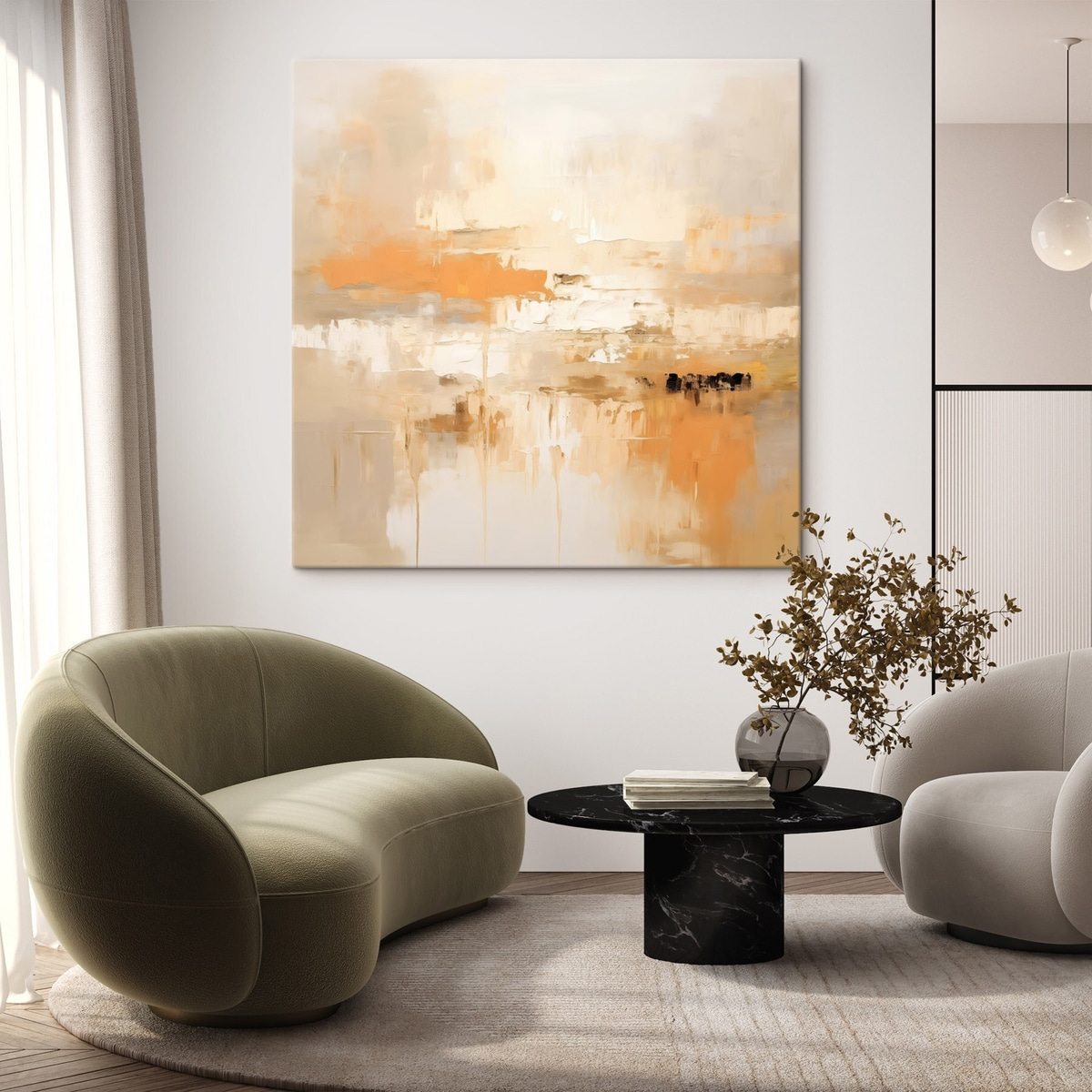 Landschapsabstractie in olieverfstijl met oranje en beige tinten — interieur 1
