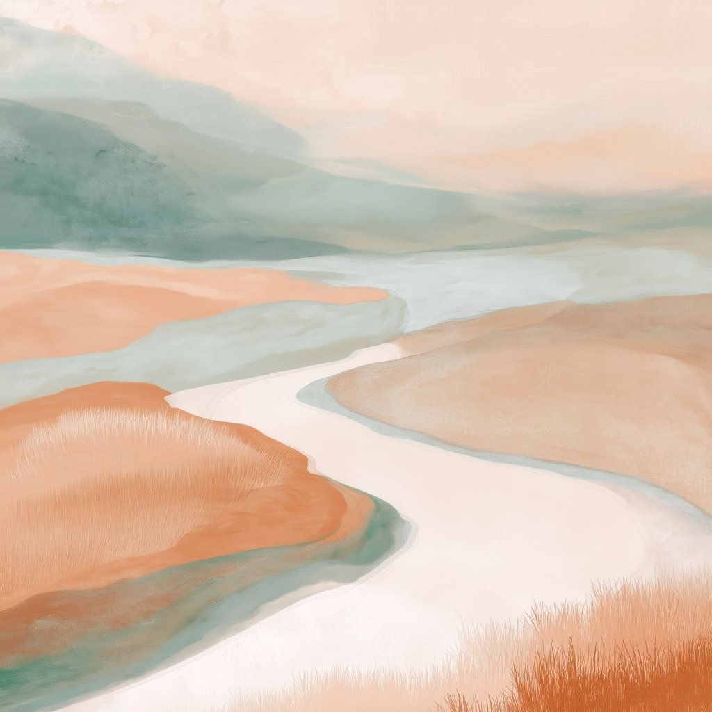 Abstract landschap met een rivier in oranje en groen — volledig ontwerp