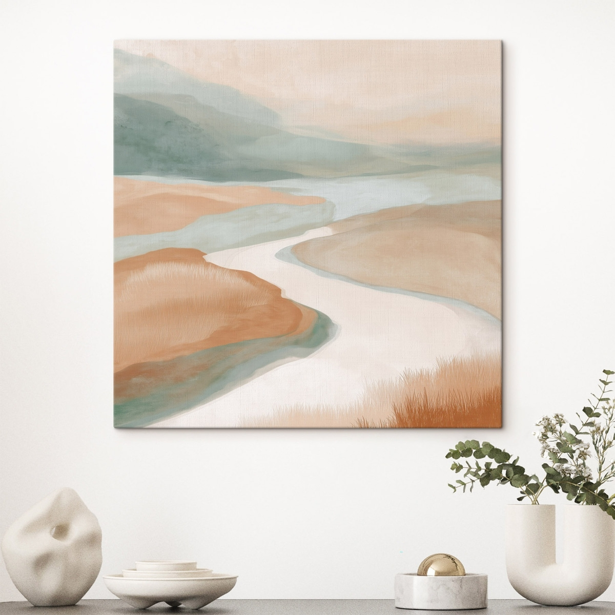 Abstract landschap met een rivier in oranje en groen — interieur 3