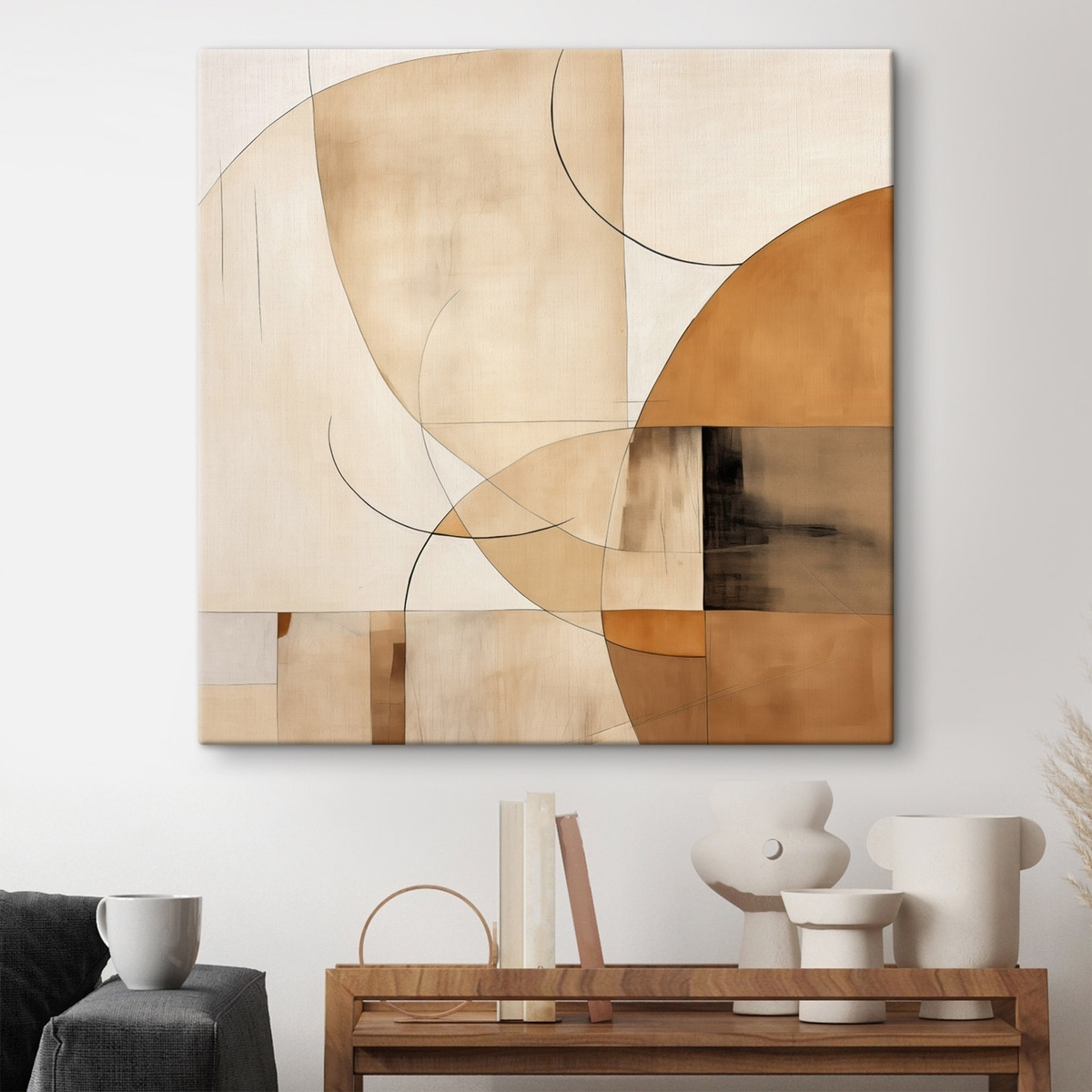 Geometrische abstractie met gebogen lijnen en beige tinten — interieur 1