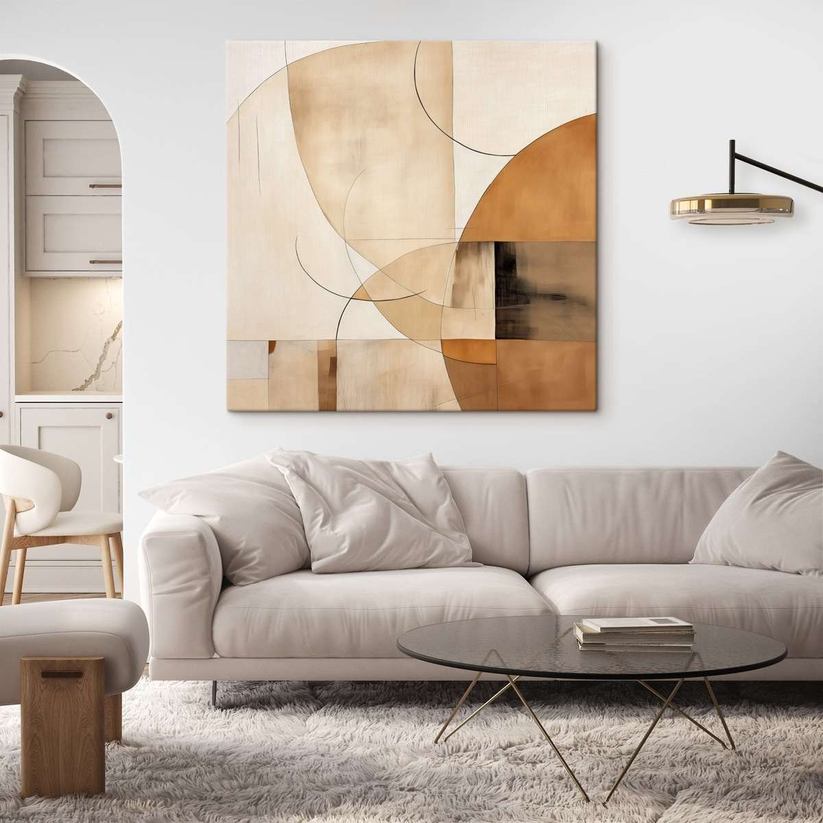 Geometrische abstractie met gebogen lijnen en beige tinten — interieur 2