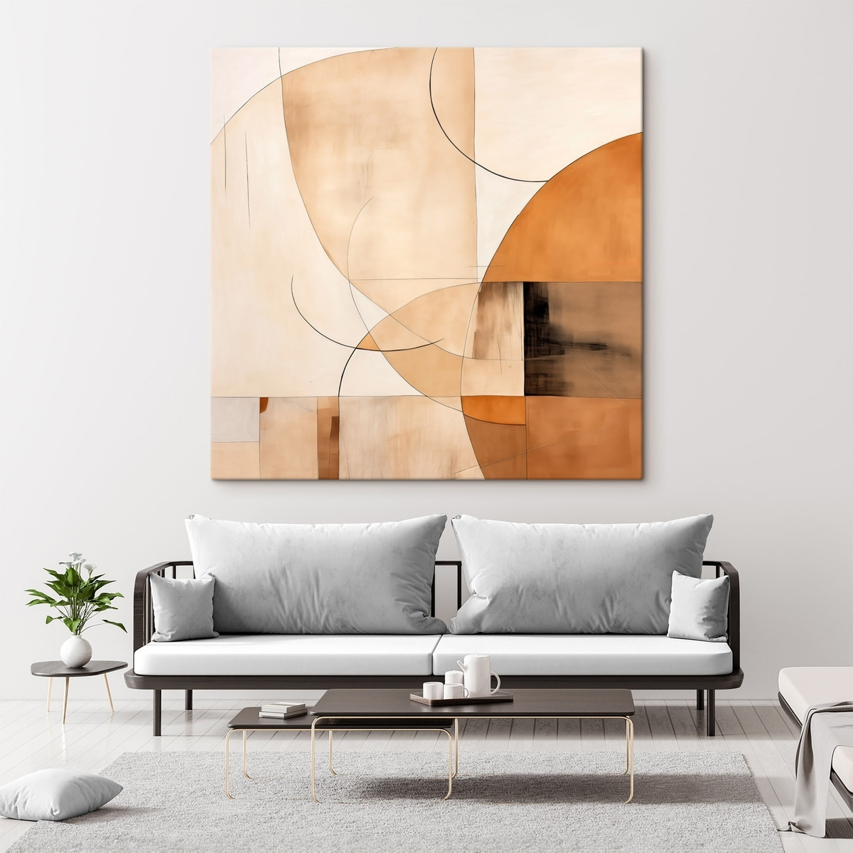 Geometrische abstractie met gebogen lijnen en beige tinten — interieur 3