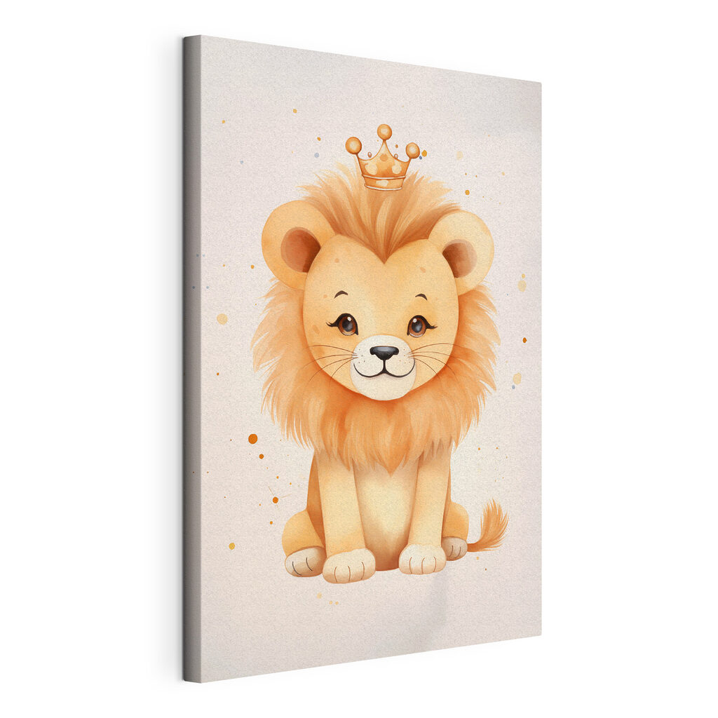 Aquarel van een leeuw met een kroon, gespannen canvas met doorlopende rand