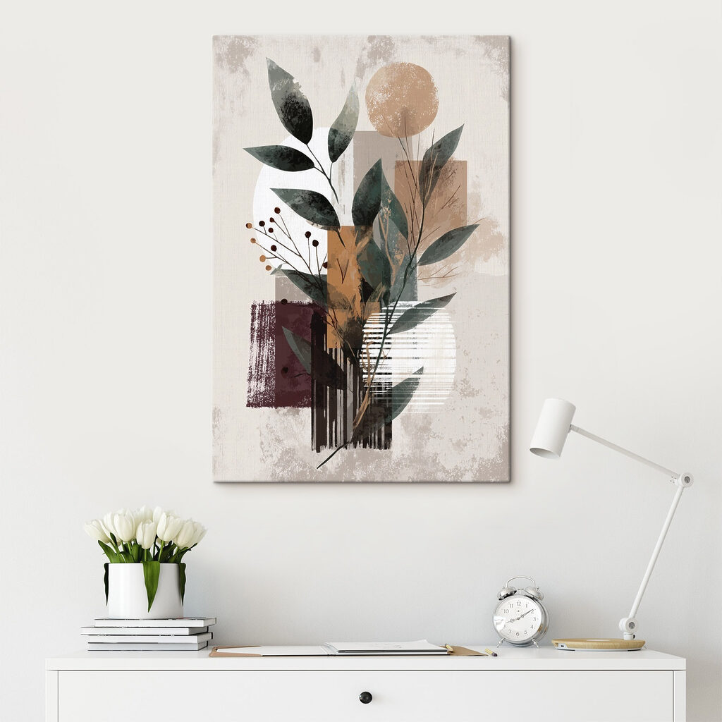 Schilderij van bladeren en bloemen in een interieur