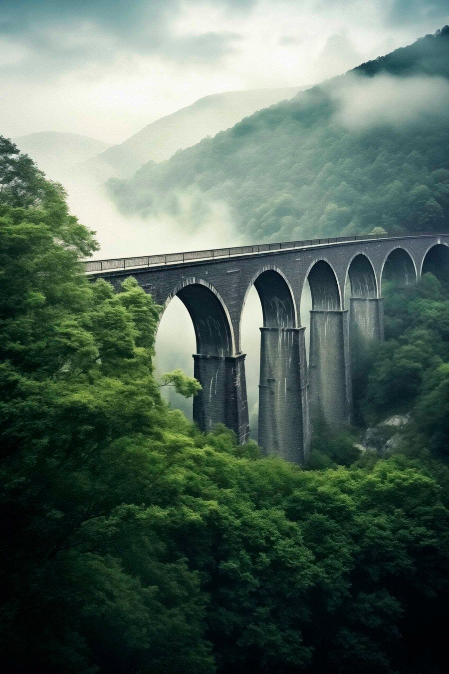 Stenen viaduct boven mistige beboste vallei — volledig ontwerp