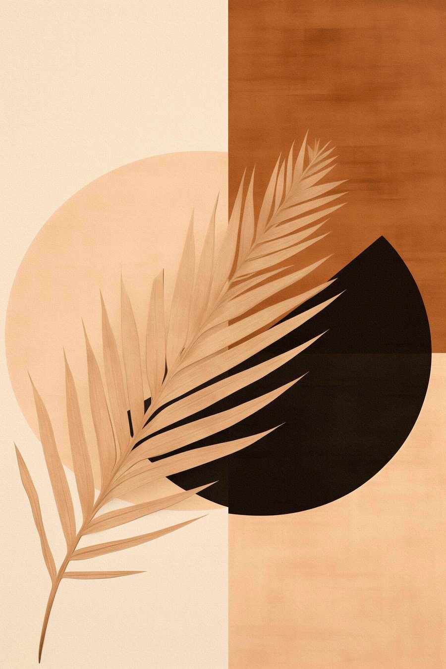 Palmblad boven terracotta en crèmekleurige geometrie — volledig ontwerp