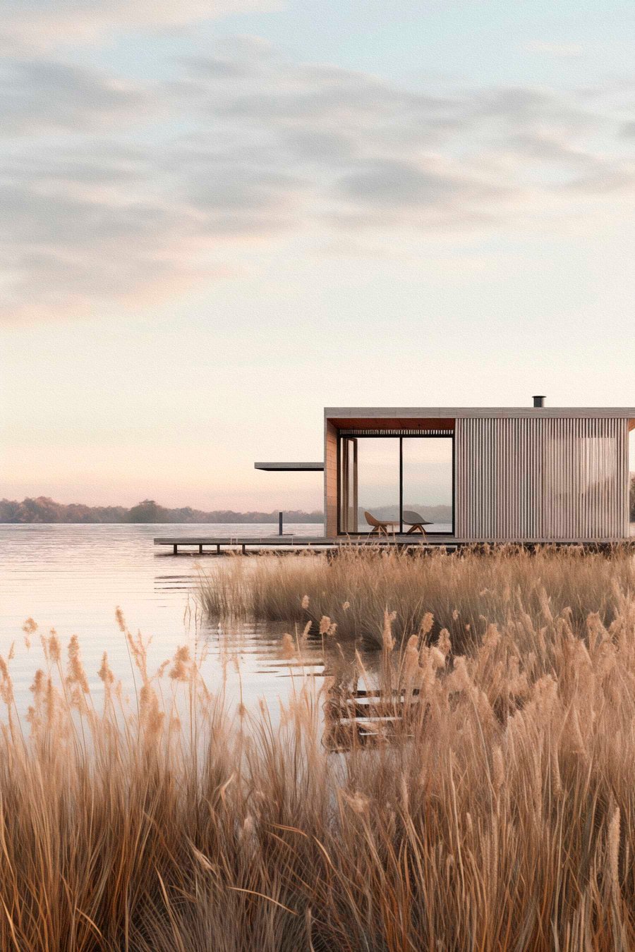 Moderne hut aan het meer tussen het riet in de zachte schemering — volledig ontwerp