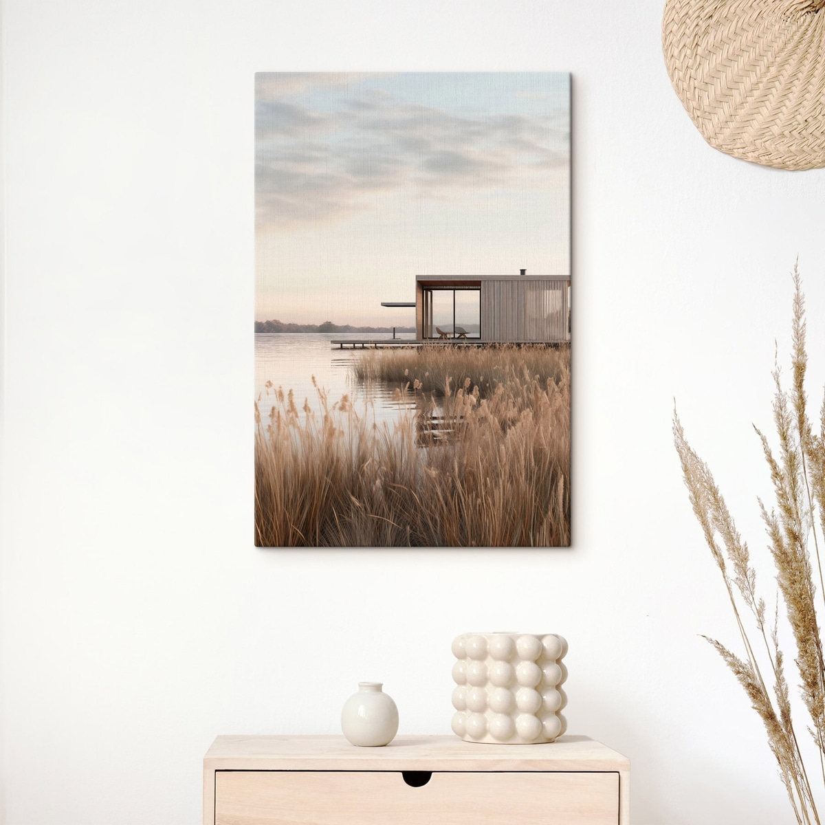 Moderne hut aan het meer tussen het riet in de zachte schemering — interieur 3