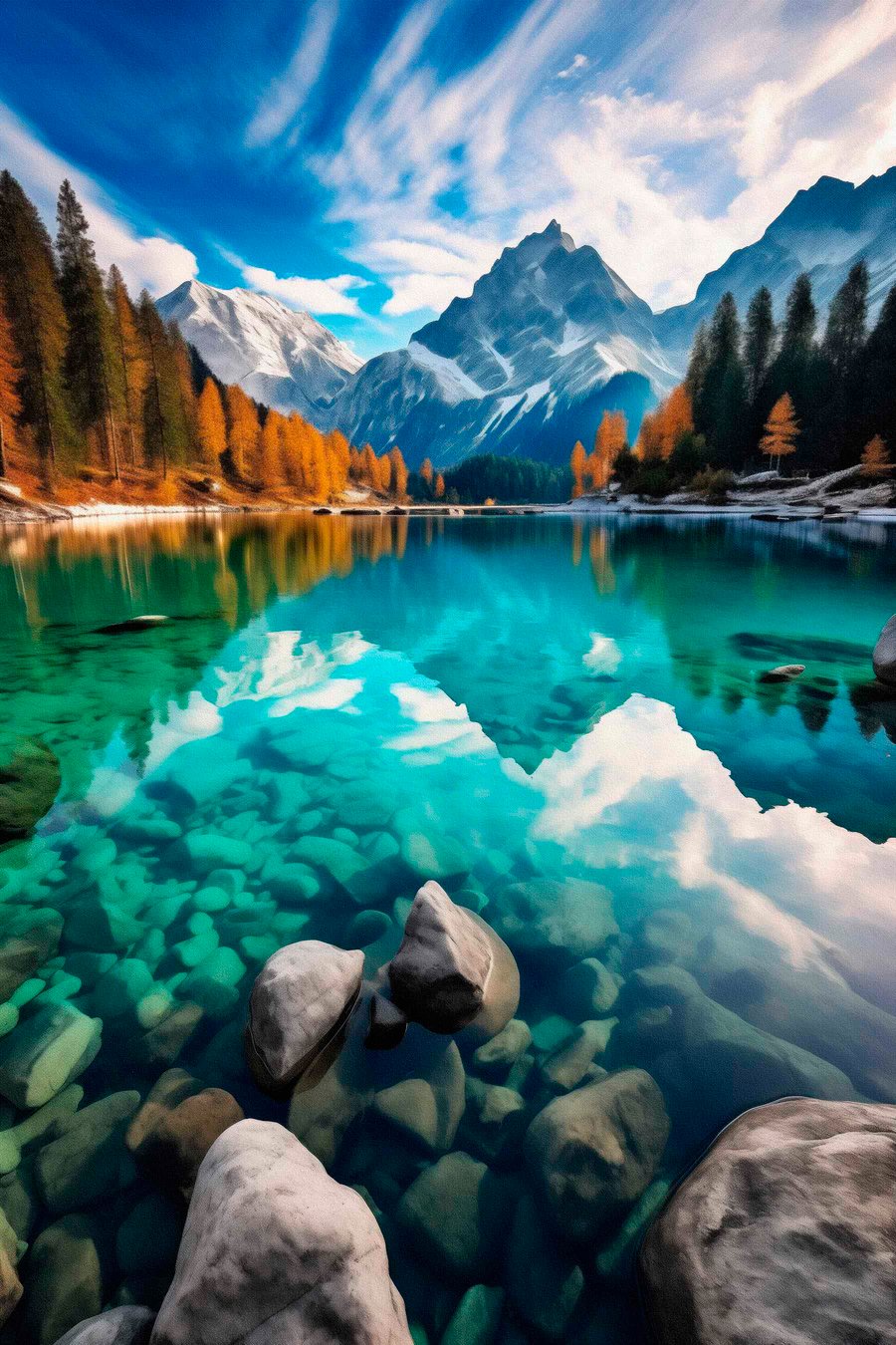 Bergmeer met turquoise water en herfstlariksbomen — volledig ontwerp