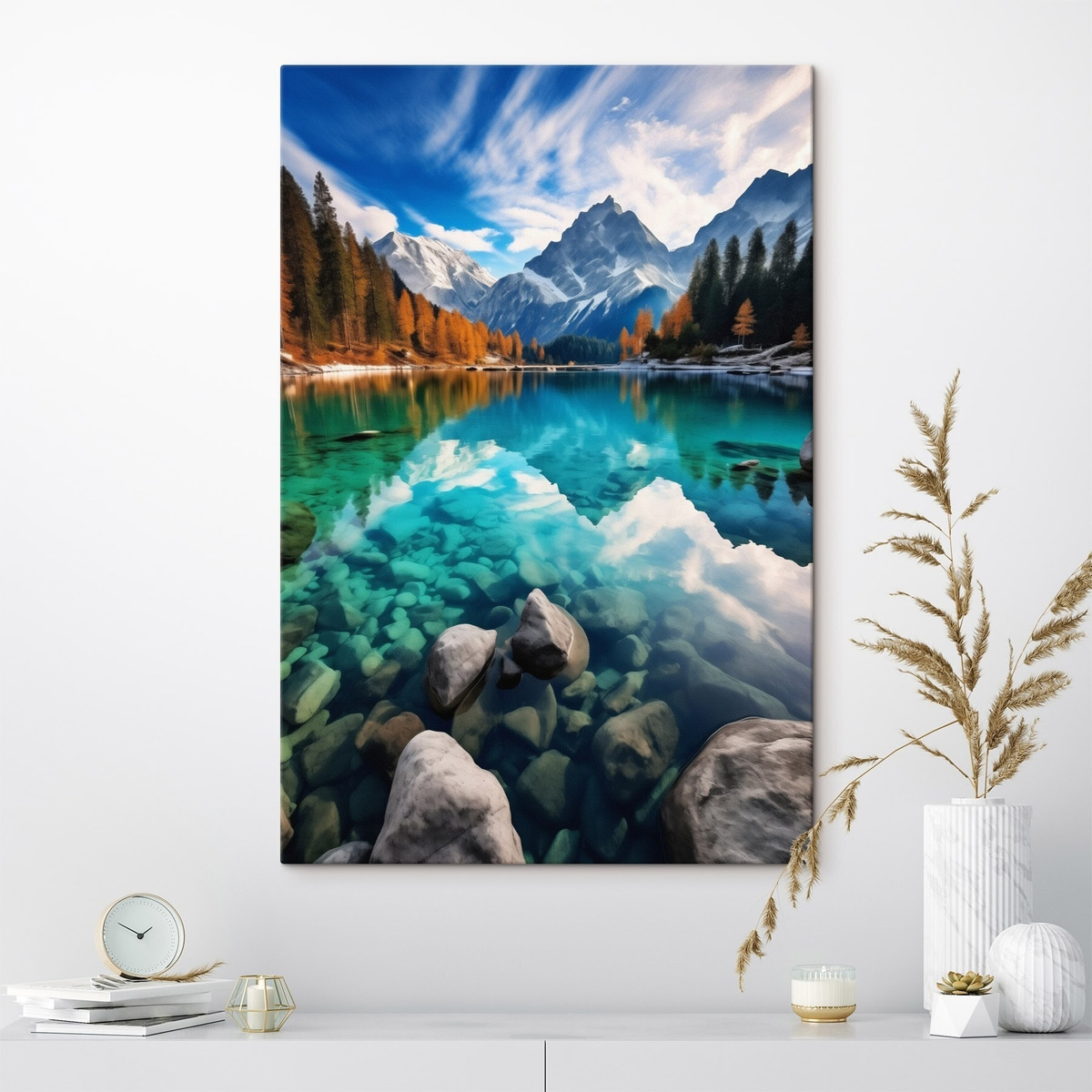Bergmeer met turquoise water en herfstlariksbomen — interieur 3