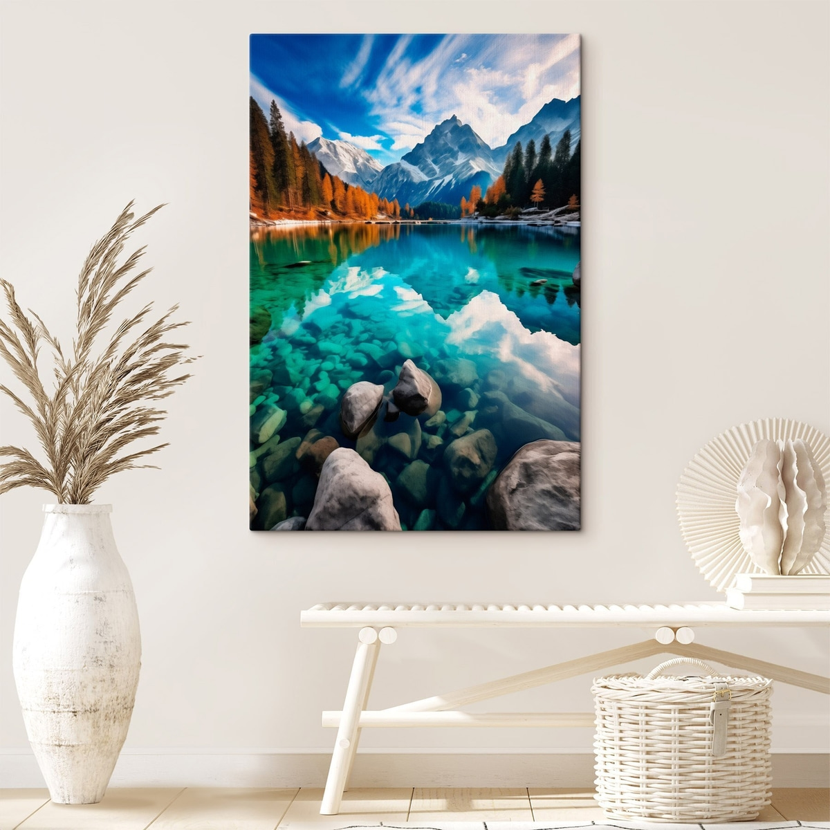 Bergmeer met turquoise water en herfstlariksbomen — interieur 1