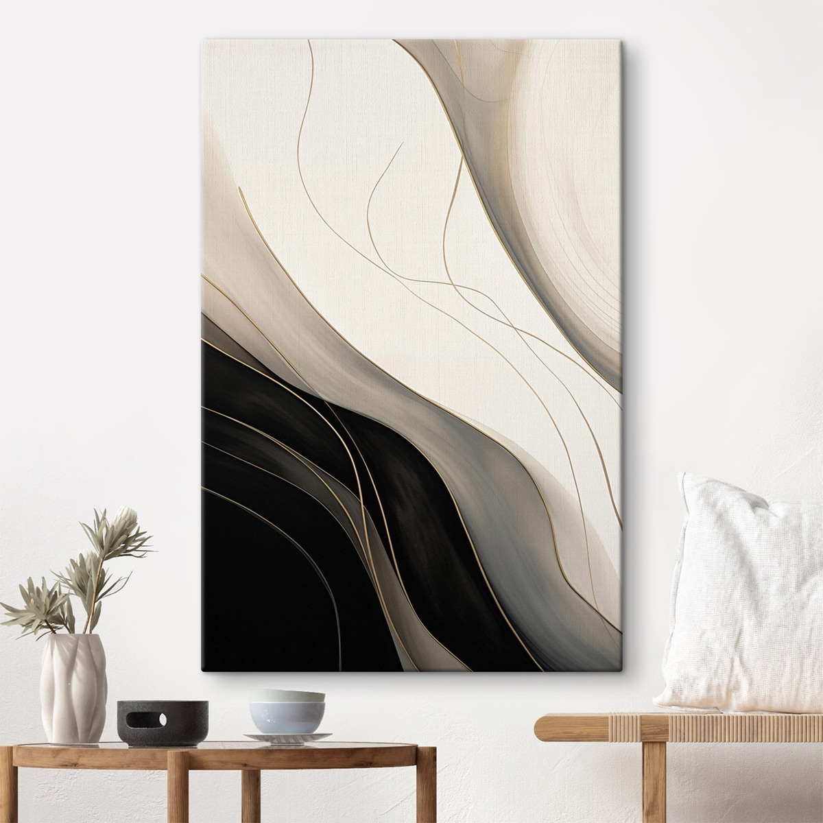 Golven in zwart en beige met fijne okerkleurige lijnen — interieur 1