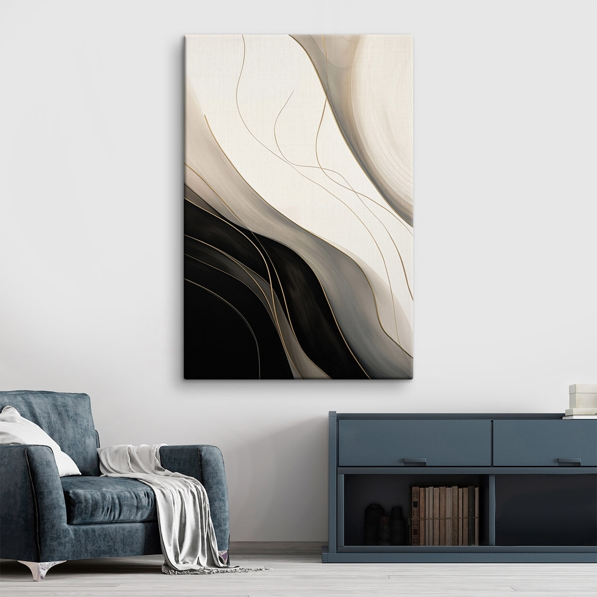 Golven in zwart en beige met fijne okerkleurige lijnen — interieur 2