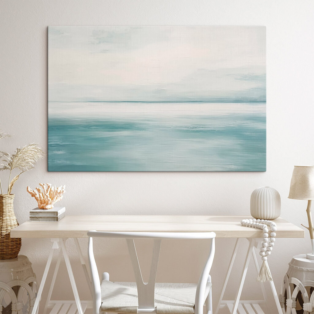 Een rustige oceaan met een bewolkte hemel in een interieur