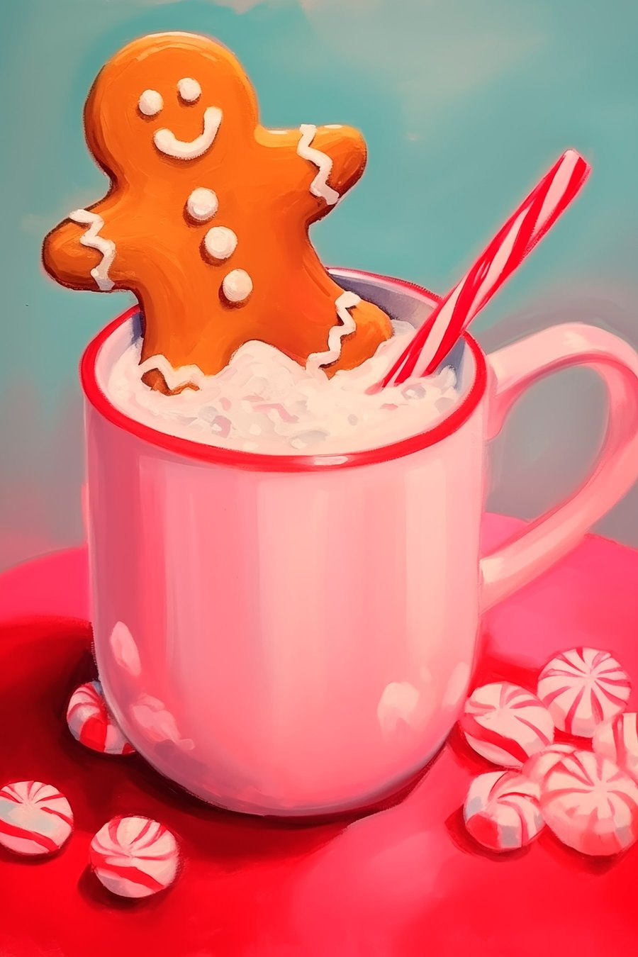 Peperkoekmannetje in een kop warme chocolademelk — volledig ontwerp