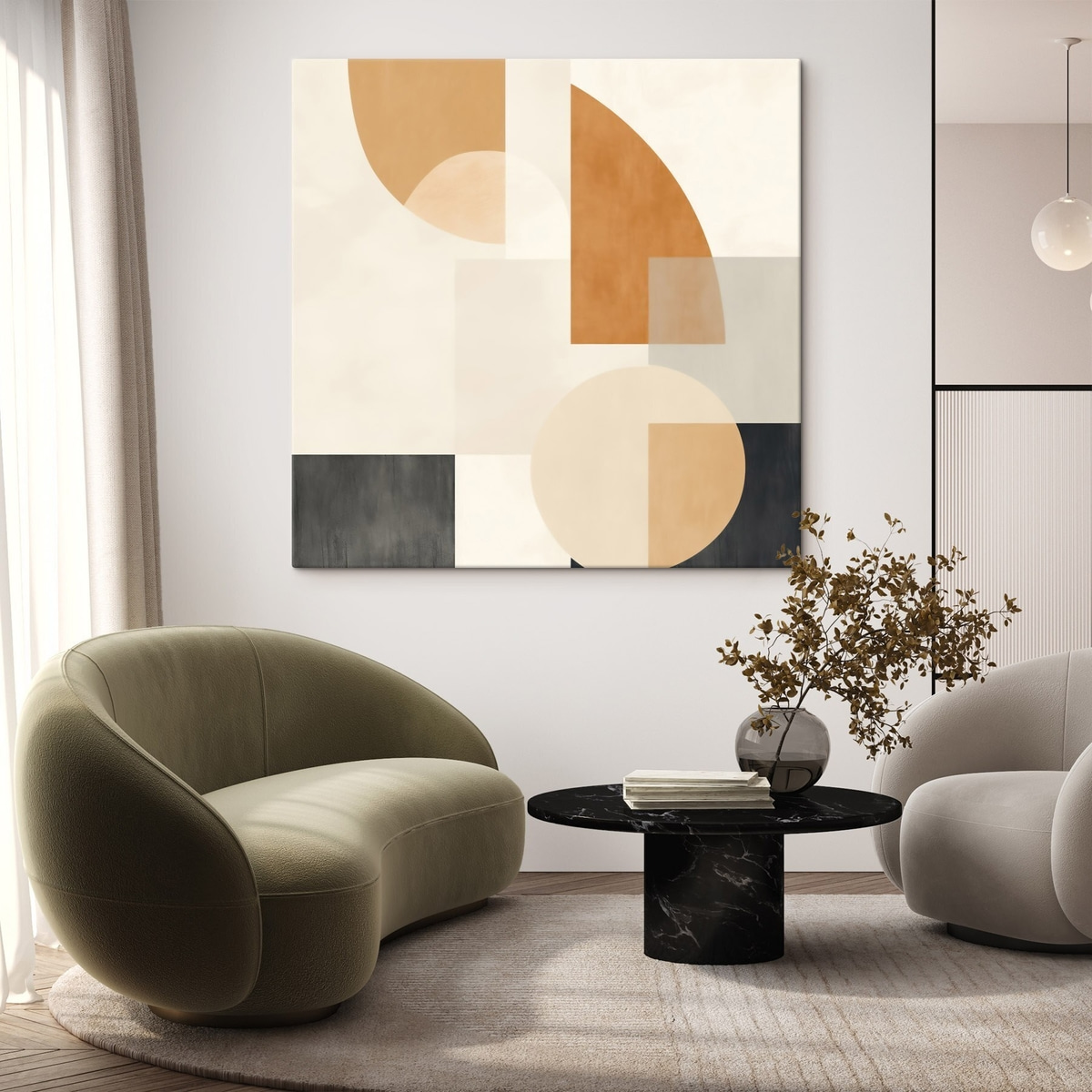Artistieke geometrie die ronde en lineaire vormen combineert — interieur 1