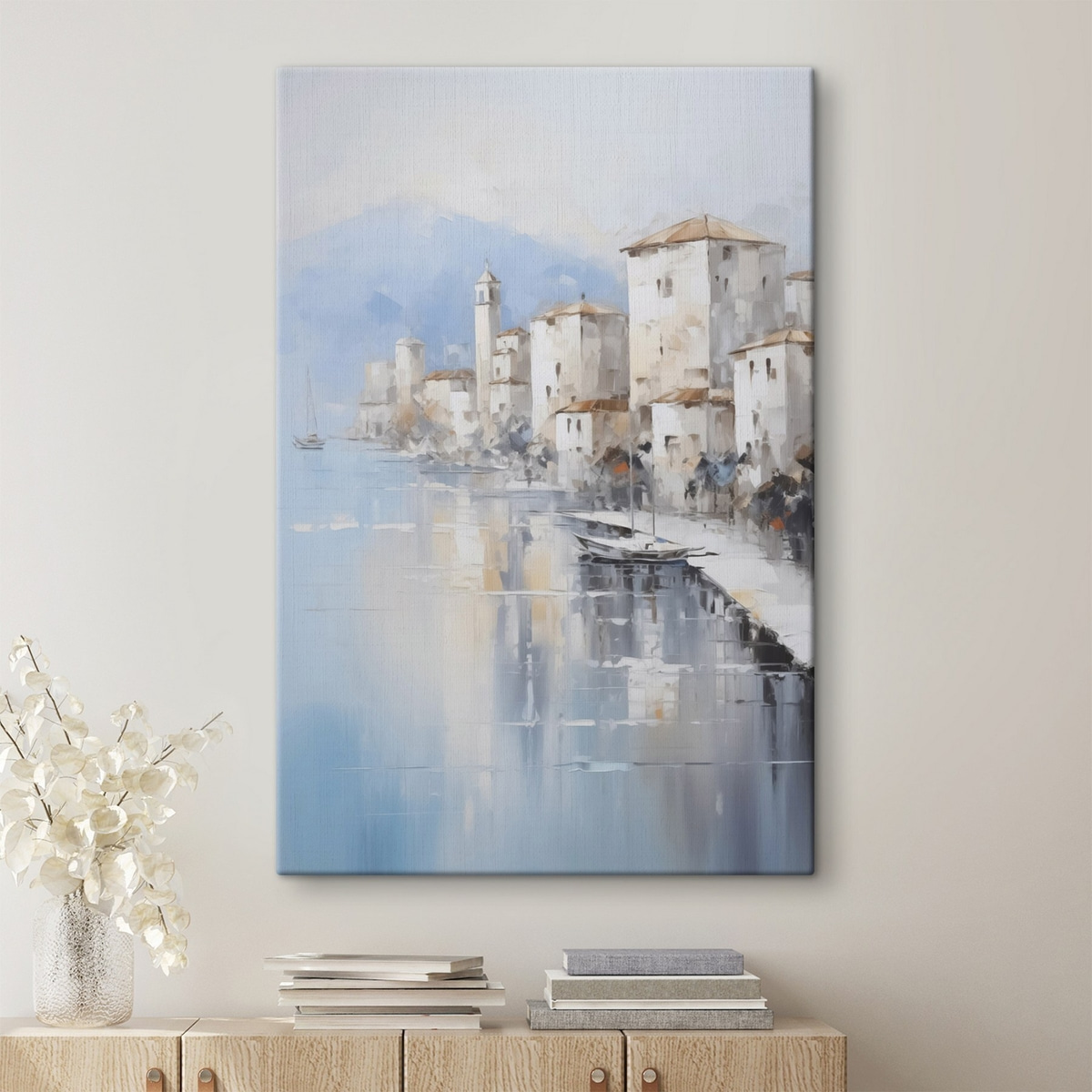 Abstracte huizen aan de baai imitatie van schilderij in een interieur