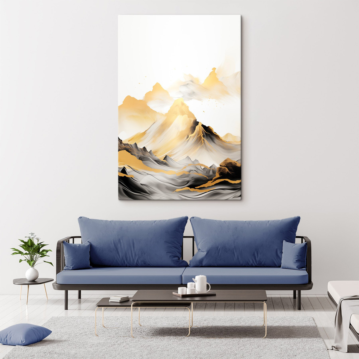Getextureerde gele en zwarte bergen met besneeuwde toppen, inktwasstijl, minimalistische bergketen — interieur 1