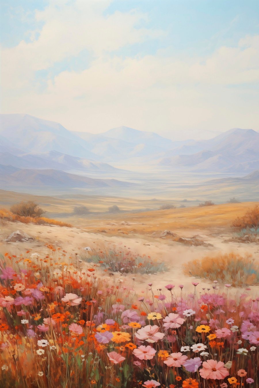 Landschap, een veld met kleurrijke bloemen en bergen op de achtergrond, zachte pastelkleuren — volledig ontwerp