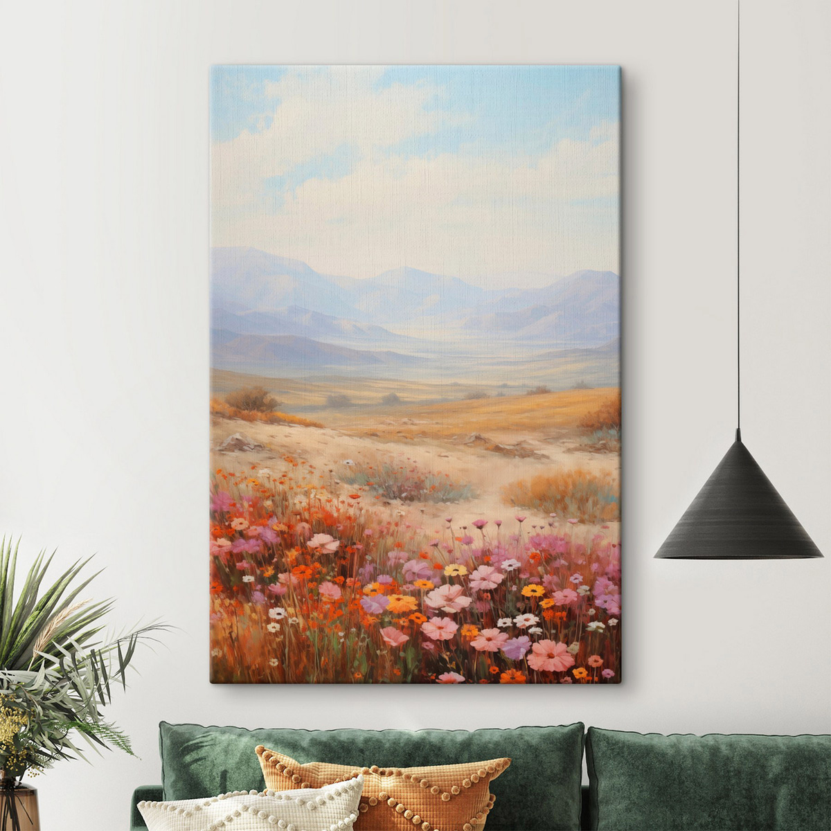 Landschap, een veld met kleurrijke bloemen en bergen op de achtergrond, zachte pastelkleuren — interieur 1