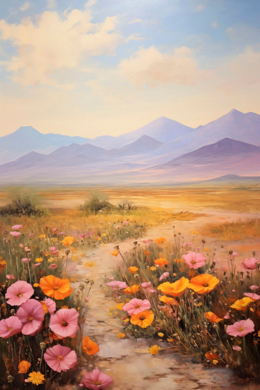 Landschap, een veld met kleurrijke bloemen en bergen op de achtergrond, zachte pastelkleuren — volledig ontwerp
