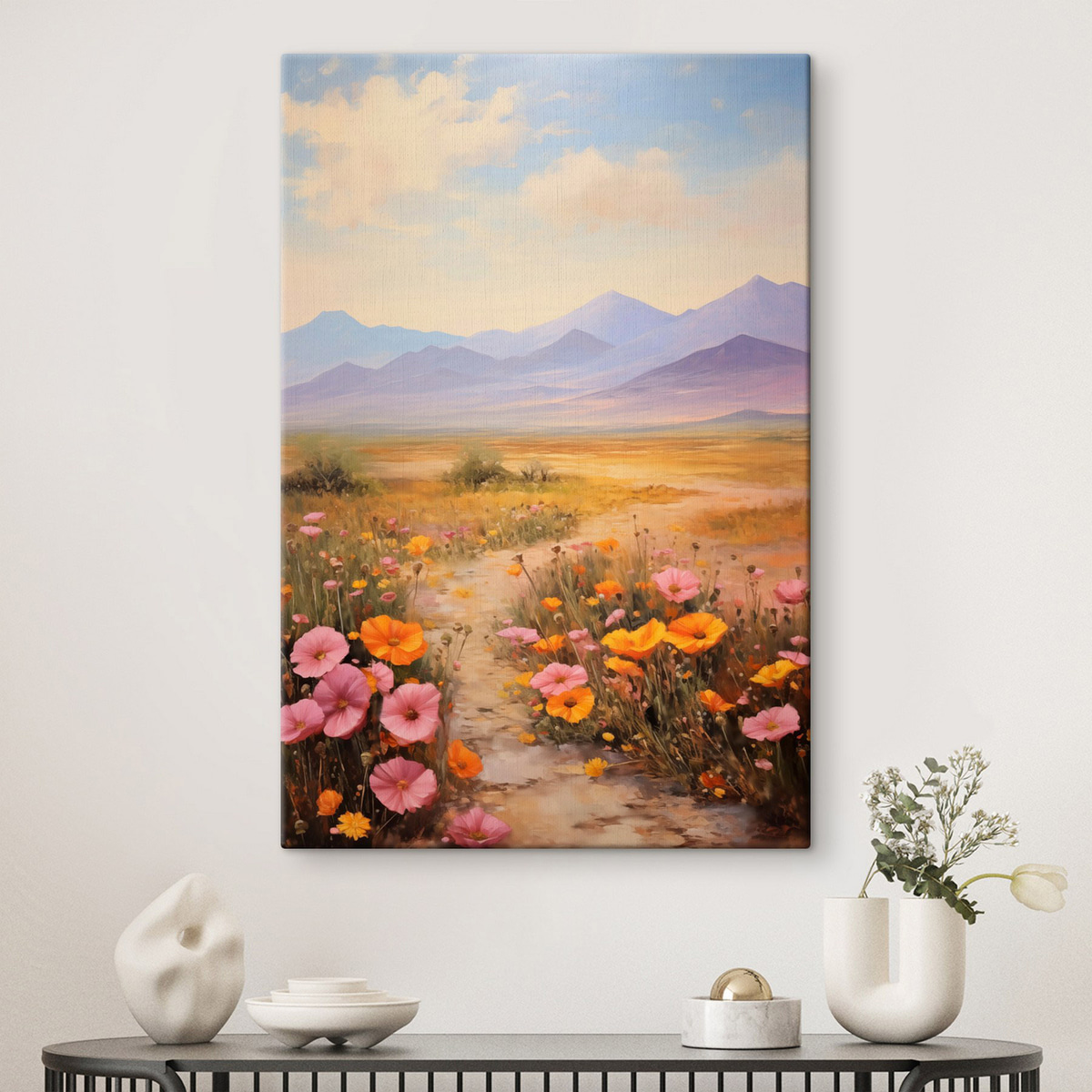 Landschap, een veld met kleurrijke bloemen en bergen op de achtergrond, zachte pastelkleuren — interieur 1